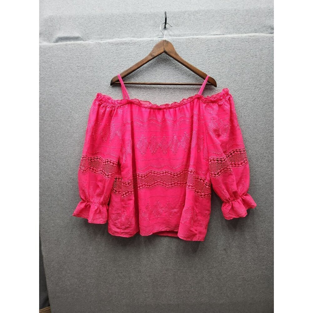Womens Off-Shoulder Hot Pink Blouse With Lace Detailing & Ruffled Sleeves Size 1